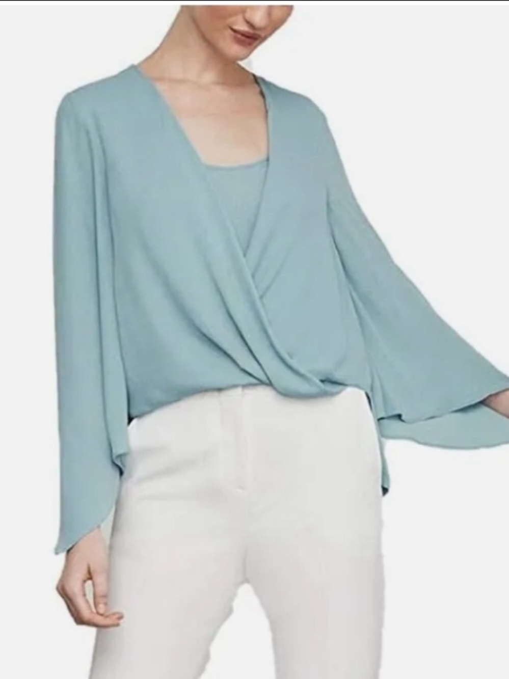 BCBGMaxAzria blue breeze bell sleeve blouse “mint moment “top